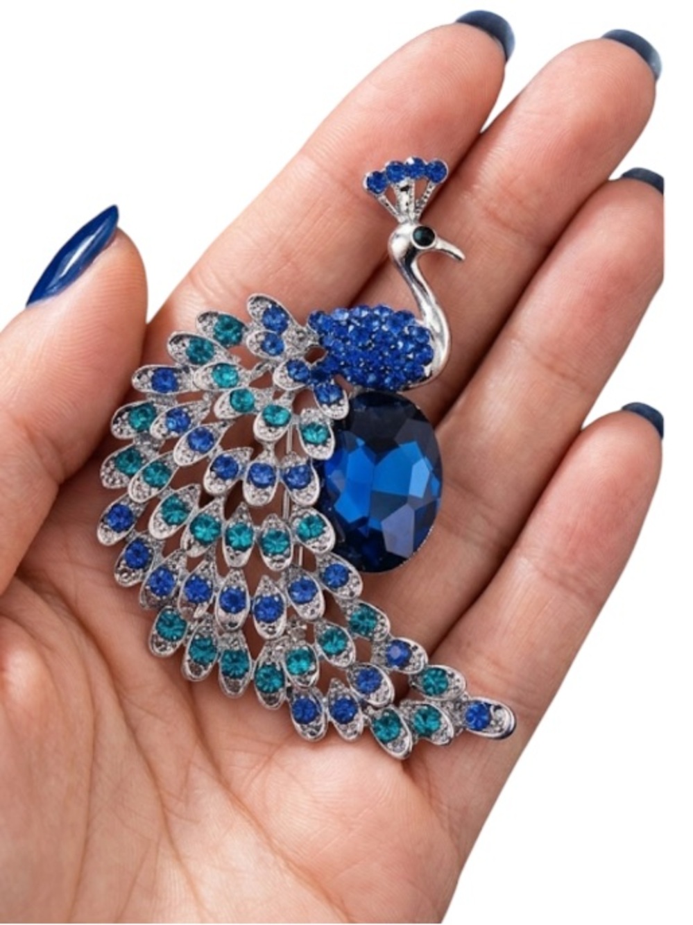 Blue Crystal Peacock Brooch Statement Rhinestone Pin Silver Tone